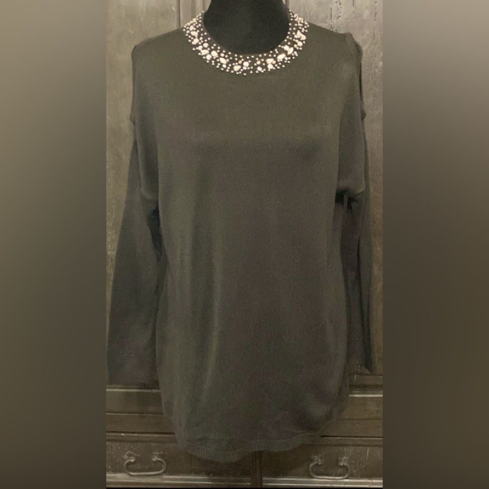 Cato Black open shoulder with beaded rhinestone collar sweater - Size medium